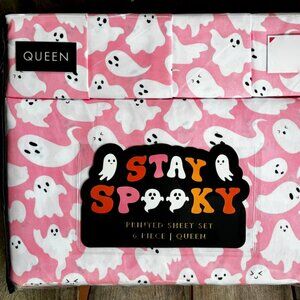 6-pc SPOOKY Pink Ghost Halloween QUEEN Size Sheet Set - Halloween (2 extra PCs)